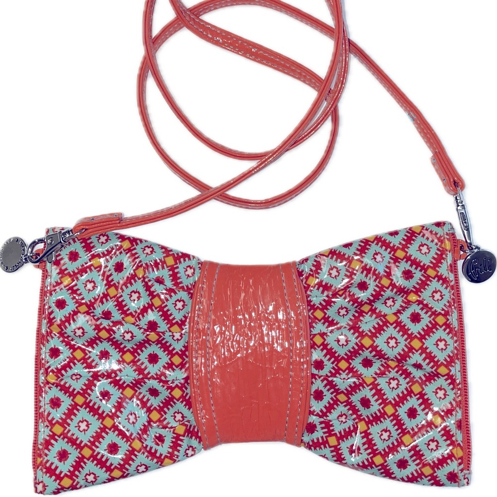 Vera Bradley bowtie crossbody. Orange,teal vinyl. Zips each end. 8.5x5” EUC  tag